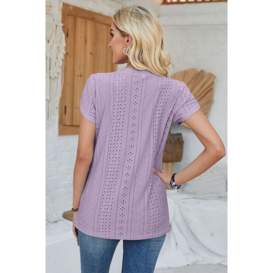 Decorative Button Eyelet V - Neck Short Sleeve T - Shirt Apparel and Accessories