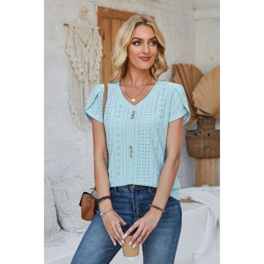 Decorative Button Eyelet V - Neck Short Sleeve T - Shirt Apparel and Accessories