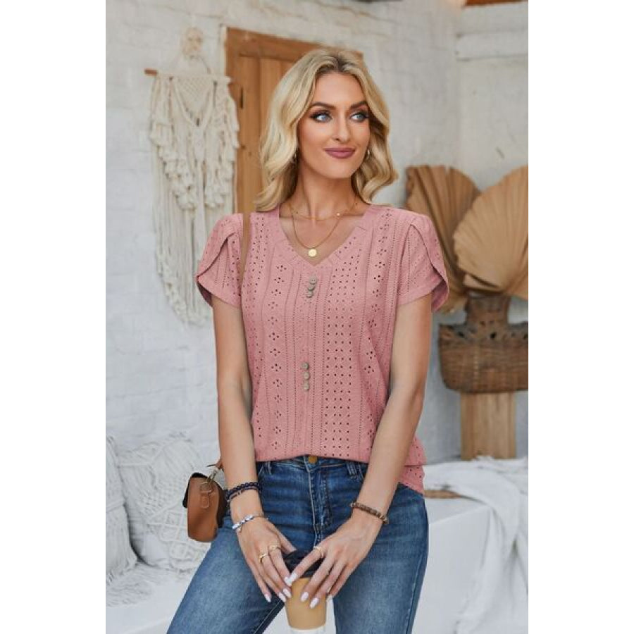 Decorative Button Eyelet V - Neck Short Sleeve T - Shirt Apparel and Accessories