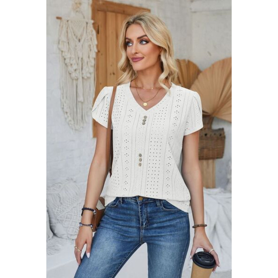 Decorative Button Eyelet V - Neck Short Sleeve T - Shirt Apparel and Accessories