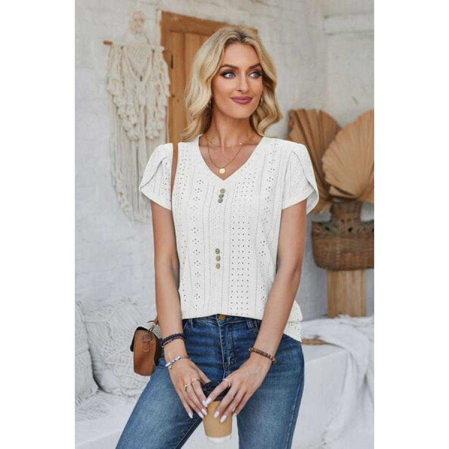 Decorative Button Eyelet V - Neck Short Sleeve T - Shirt Apparel and Accessories