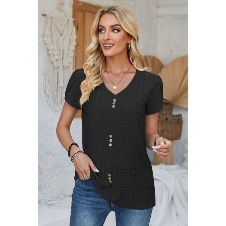 Decorative Button Eyelet V - Neck Short Sleeve T - Shirt Black / S Apparel and Accessories