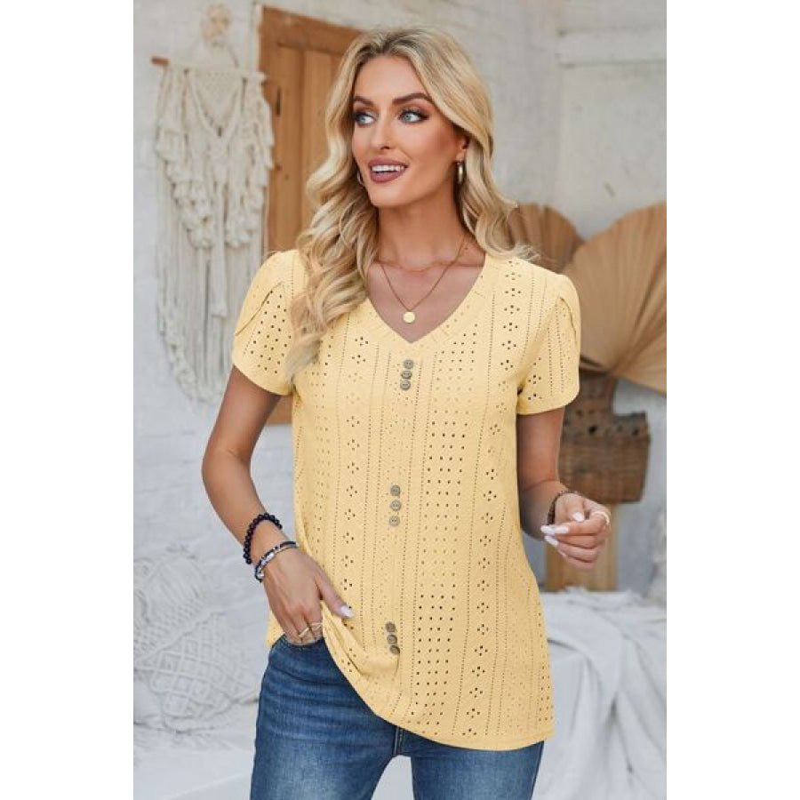 Decorative Button Eyelet V - Neck Short Sleeve T - Shirt Pastel Yellow / S Apparel and Accessories
