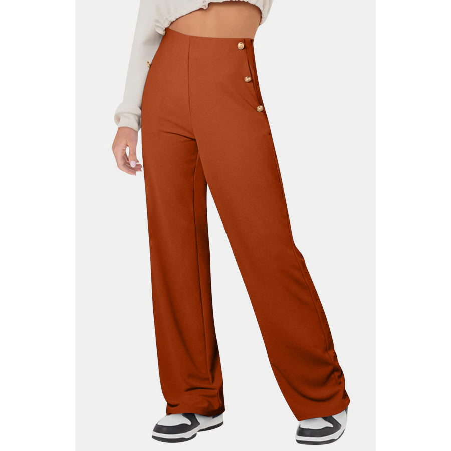 Decorative Button High Rise Pants Apparel and Accessories