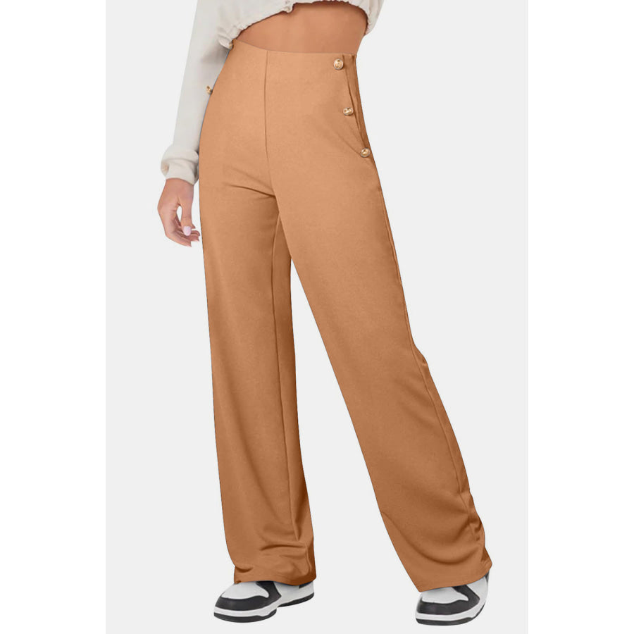Decorative Button High Rise Pants Apparel and Accessories