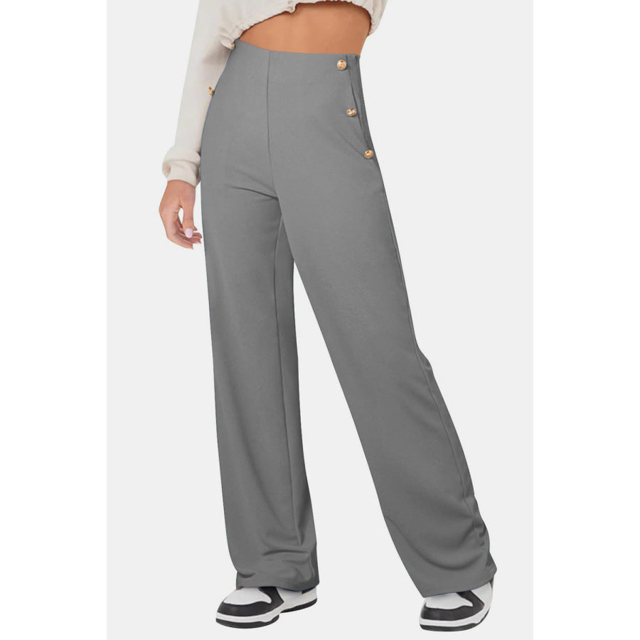 Decorative Button High Rise Pants Apparel and Accessories
