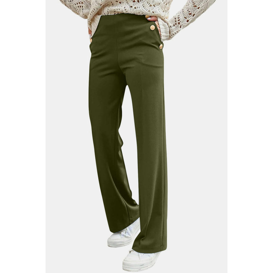 Decorative Button High Rise Pants Apparel and Accessories
