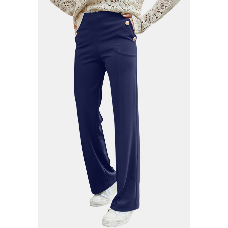Decorative Button High Rise Pants Apparel and Accessories