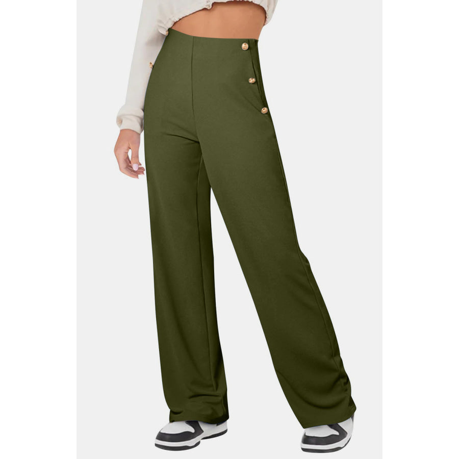 Decorative Button High Rise Pants Army Green / S Apparel and Accessories