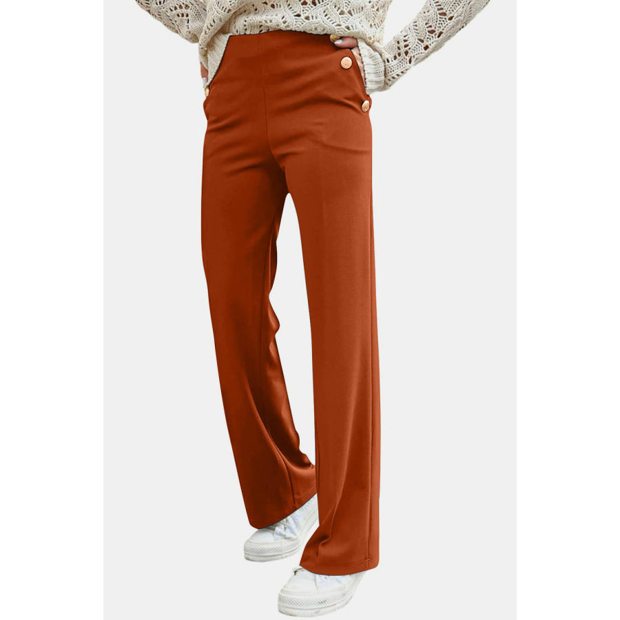 Decorative Button High Rise Pants Caramel / S Apparel and Accessories