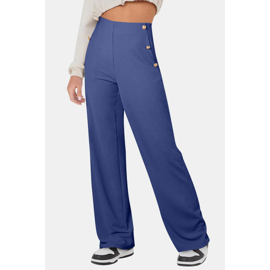 Decorative Button High Rise Pants Dusty Blue / S Apparel and Accessories