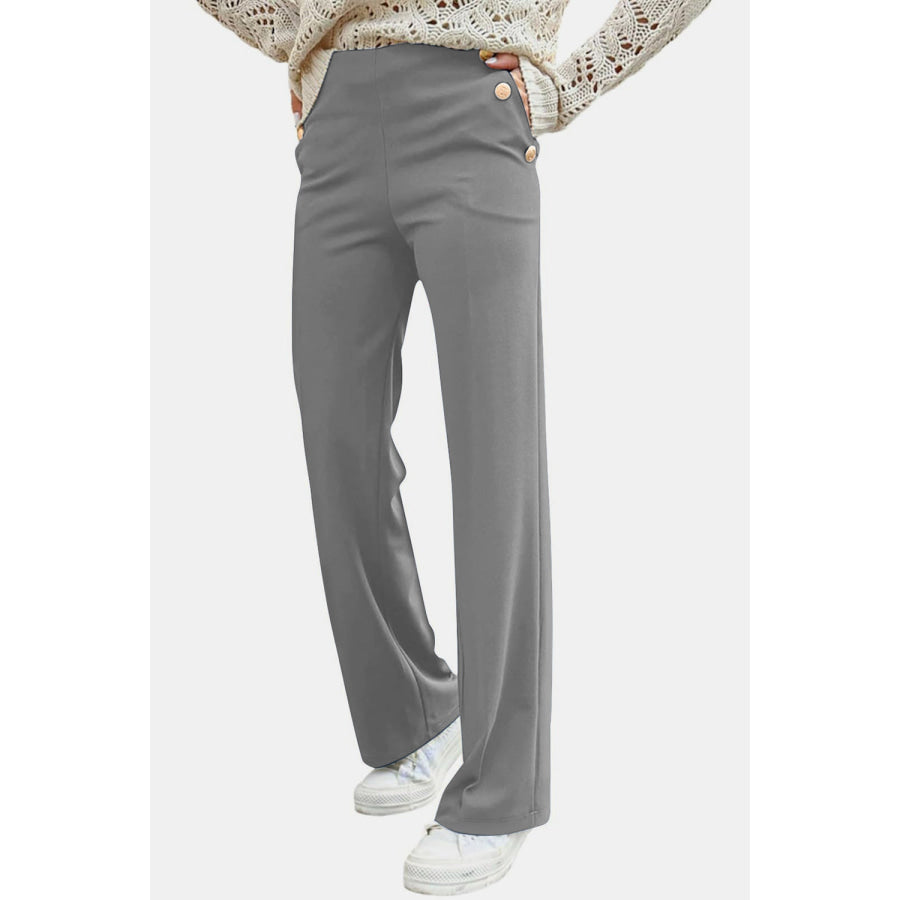 Decorative Button High Rise Pants Gray / S Apparel and Accessories