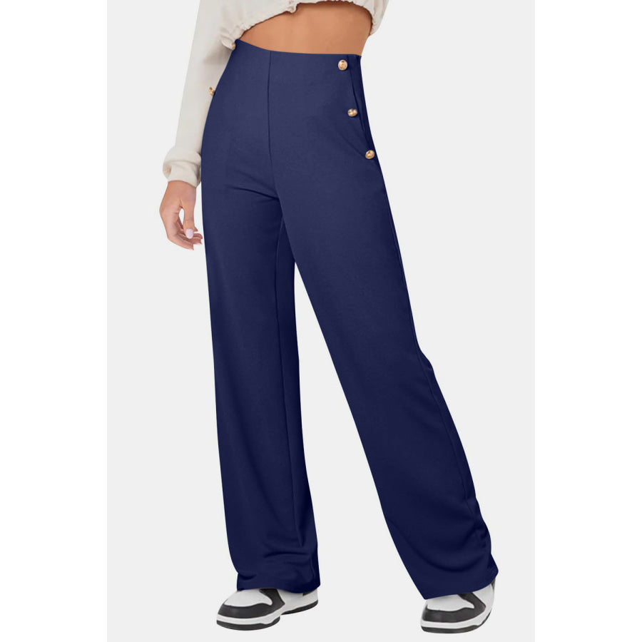 Decorative Button High Rise Pants Navy / S Apparel and Accessories
