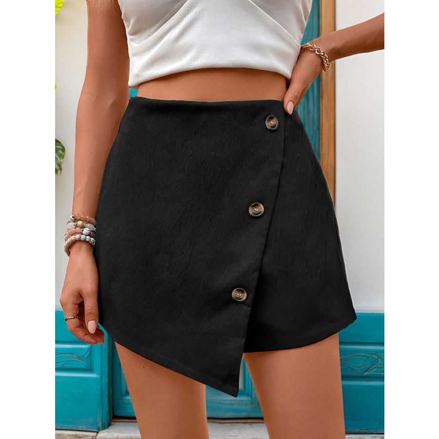 Decorative Button High Waist Skort Black / S Apparel and Accessories