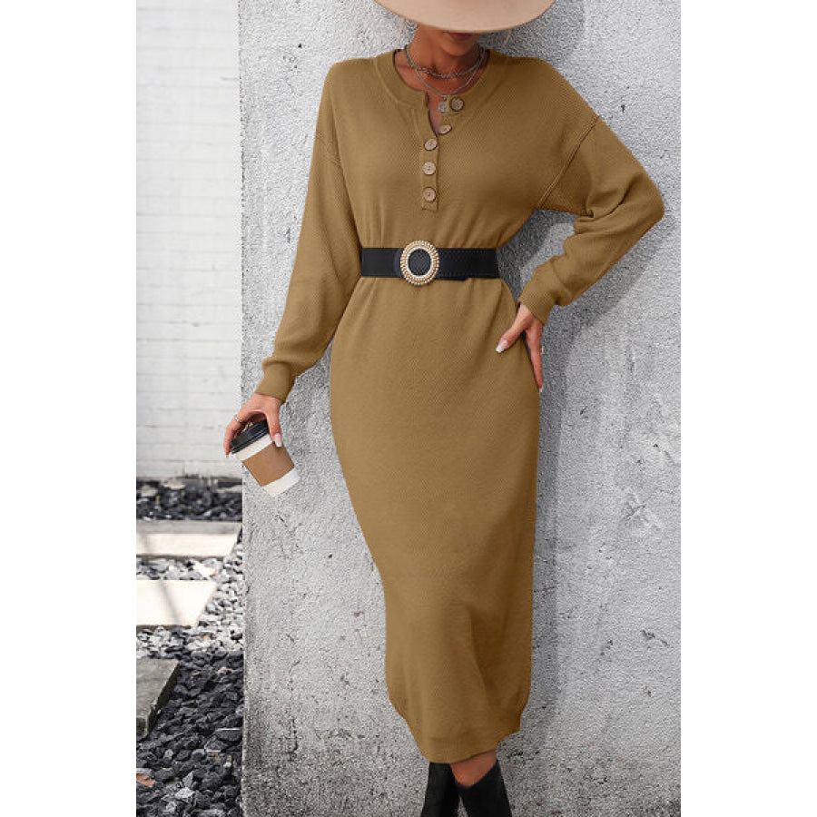 Decorative Button Notched Dropped Shoulder Sweater Dress Apparel and Accessories