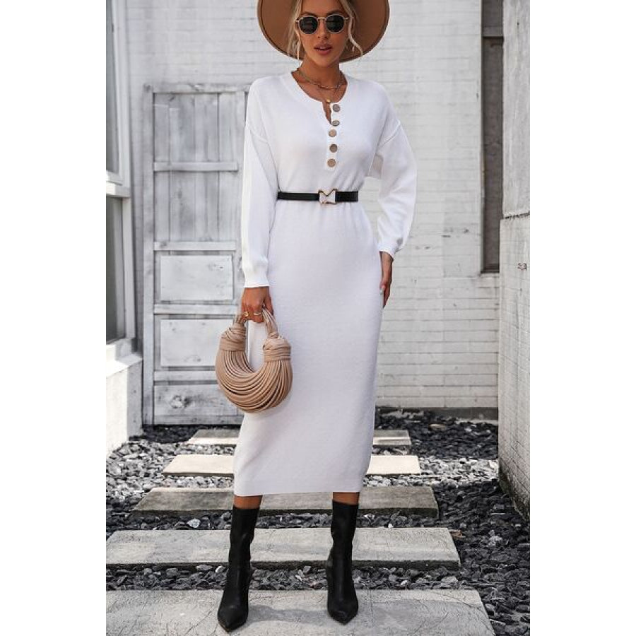 Decorative Button Notched Dropped Shoulder Sweater Dress Apparel and Accessories