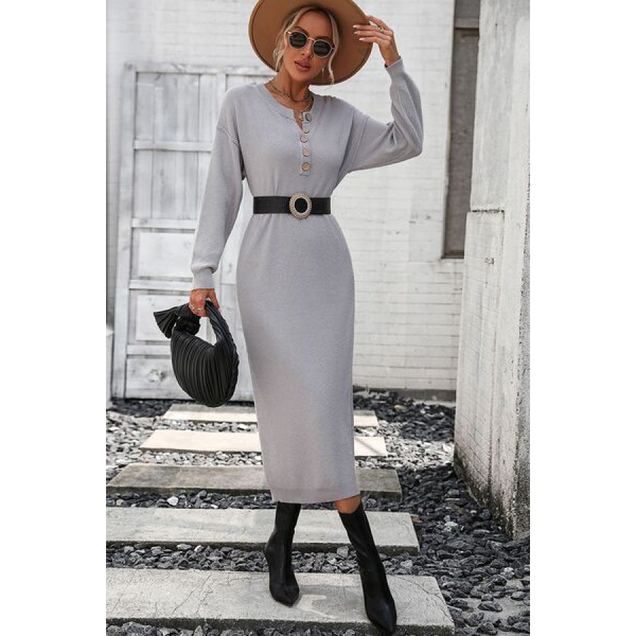 Decorative Button Notched Dropped Shoulder Sweater Dress Apparel and Accessories