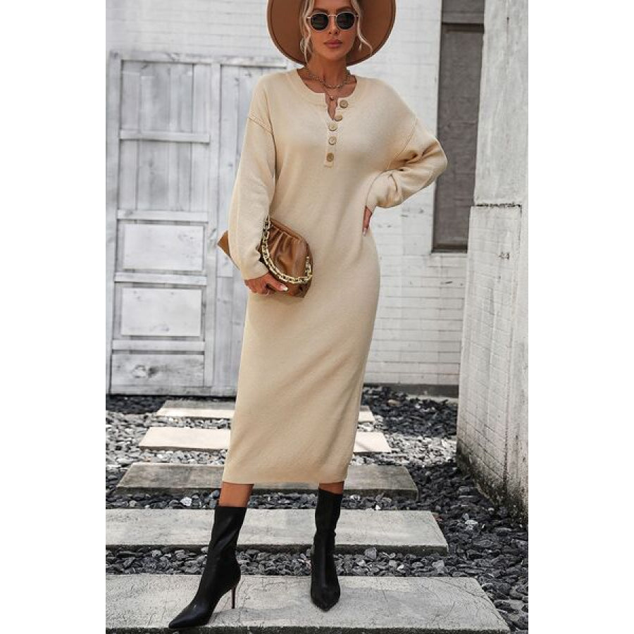 Decorative Button Notched Dropped Shoulder Sweater Dress Apparel and Accessories