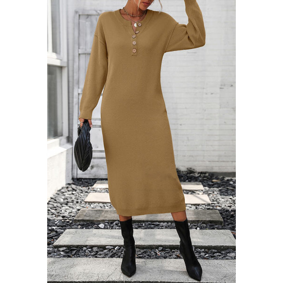 Decorative Button Notched Dropped Shoulder Sweater Dress Apparel and Accessories