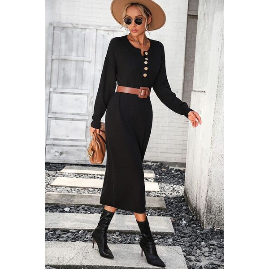 Decorative Button Notched Dropped Shoulder Sweater Dress Apparel and Accessories