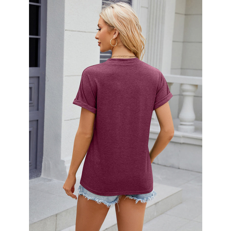 Decorative Button Notched Short Sleeve T - Shirt Apparel and Accessories
