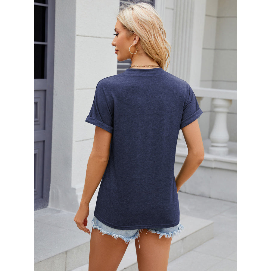 Decorative Button Notched Short Sleeve T - Shirt Apparel and Accessories