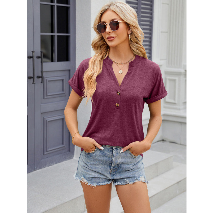 Decorative Button Notched Short Sleeve T - Shirt Deep Rose / S Apparel and Accessories