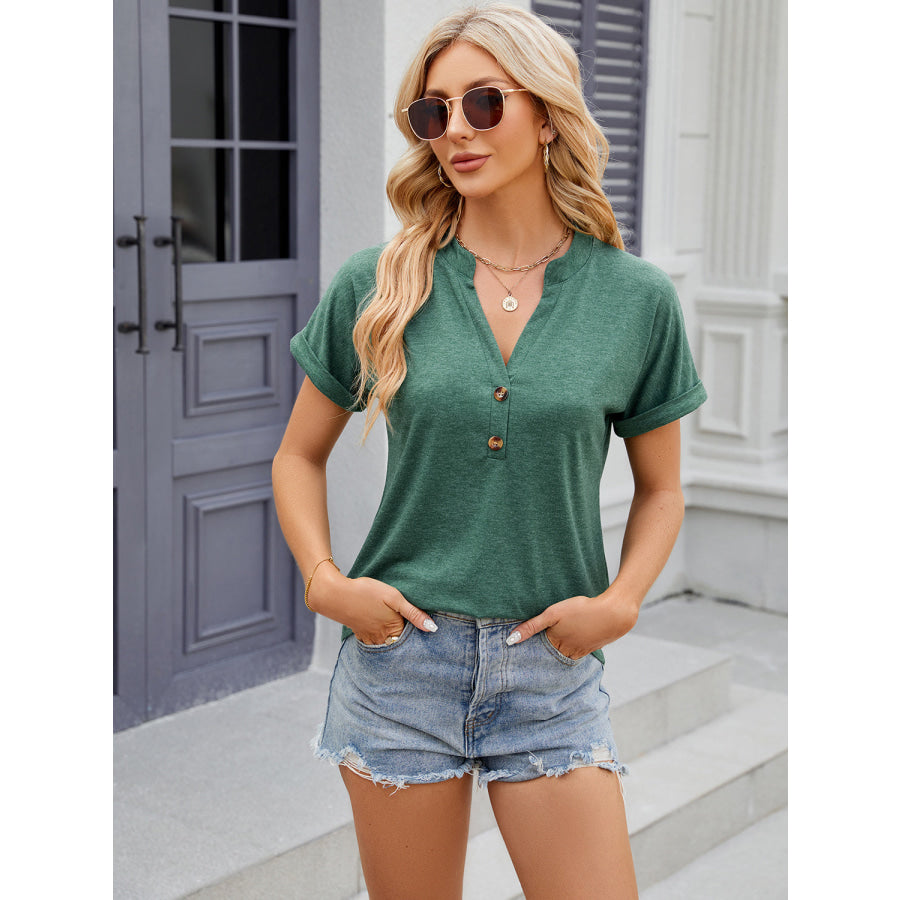 Decorative Button Notched Short Sleeve T - Shirt Green / S Apparel and Accessories