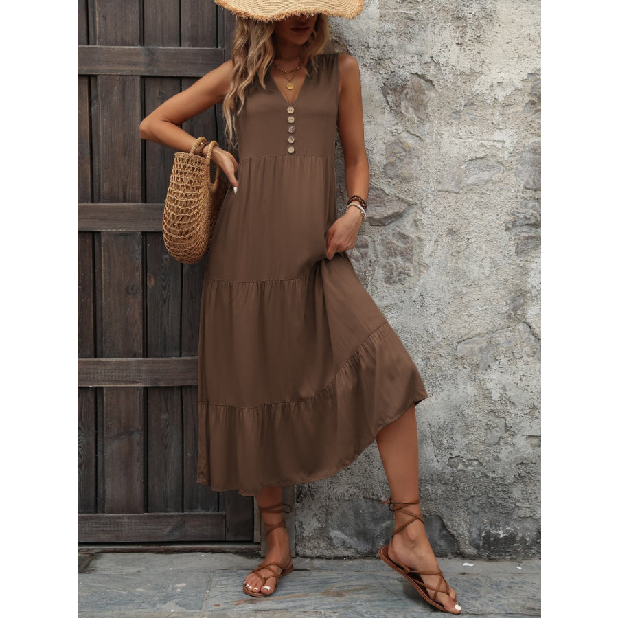 Decorative Button Notched Sleeveless Dress Apparel and Accessories