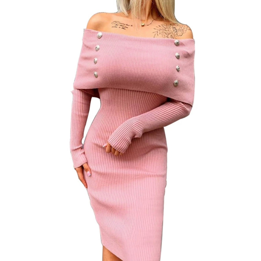 Decorative Button Off-Shoulder Long Sleeve Dress Apparel and Accessories