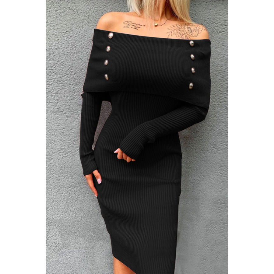 Decorative Button Off-Shoulder Long Sleeve Dress Black / S Apparel and Accessories