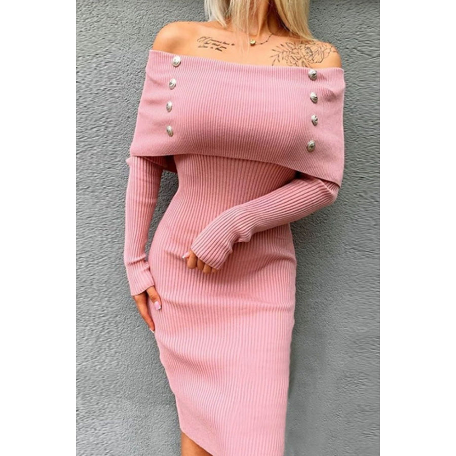 Decorative Button Off-Shoulder Long Sleeve Dress Blush Pink / S Apparel and Accessories
