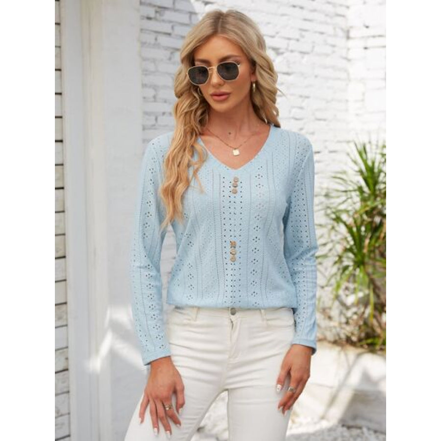 Decorative Button Openwork V - Neck T - Shirt Apparel and Accessories