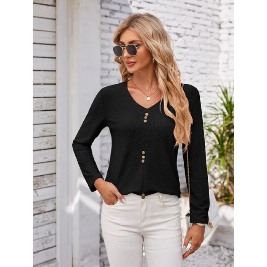 Decorative Button Openwork V - Neck T - Shirt Black / S Apparel and Accessories