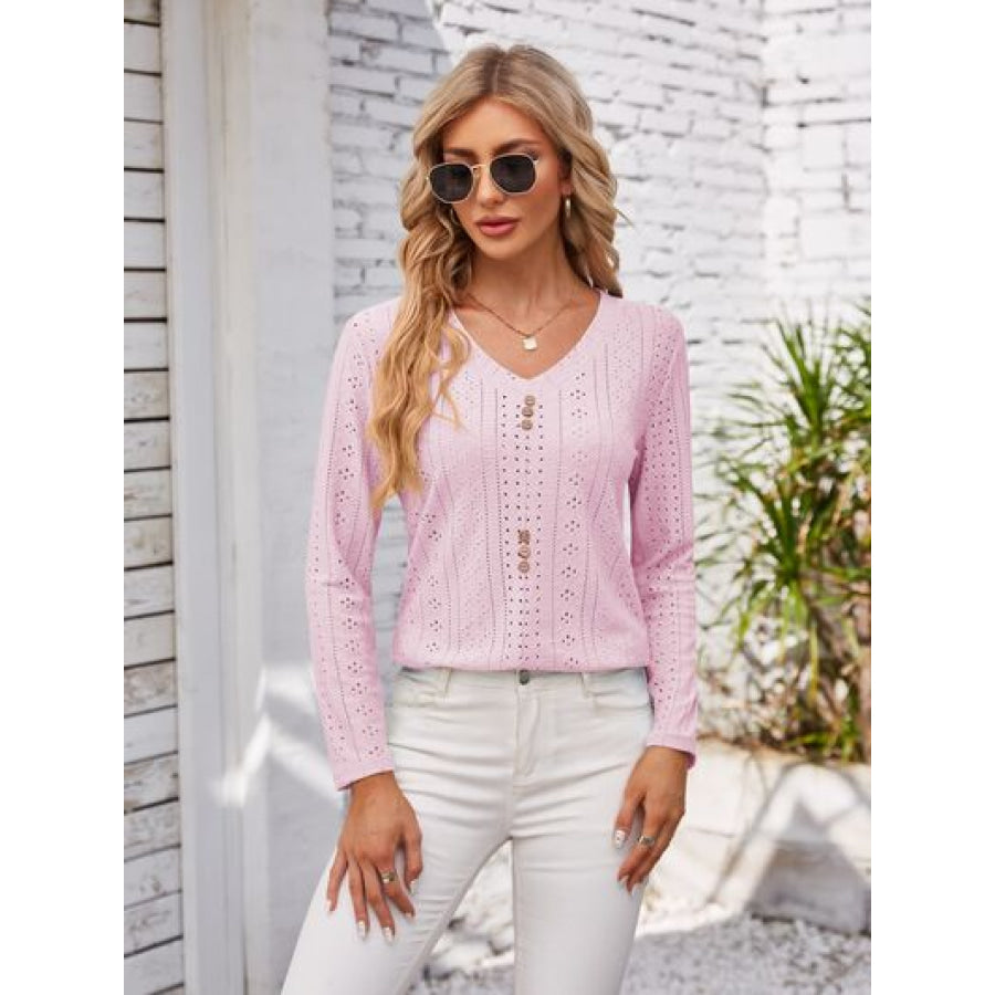 Decorative Button Openwork V - Neck T - Shirt Blush Pink / S Apparel and Accessories