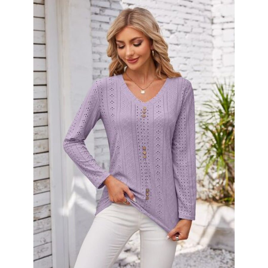 Decorative Button Openwork V - Neck T - Shirt Lavender / S Apparel and Accessories
