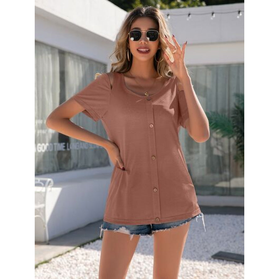 Decorative Button Round Neck Cold Shoulder T - Shirt Apparel and Accessories