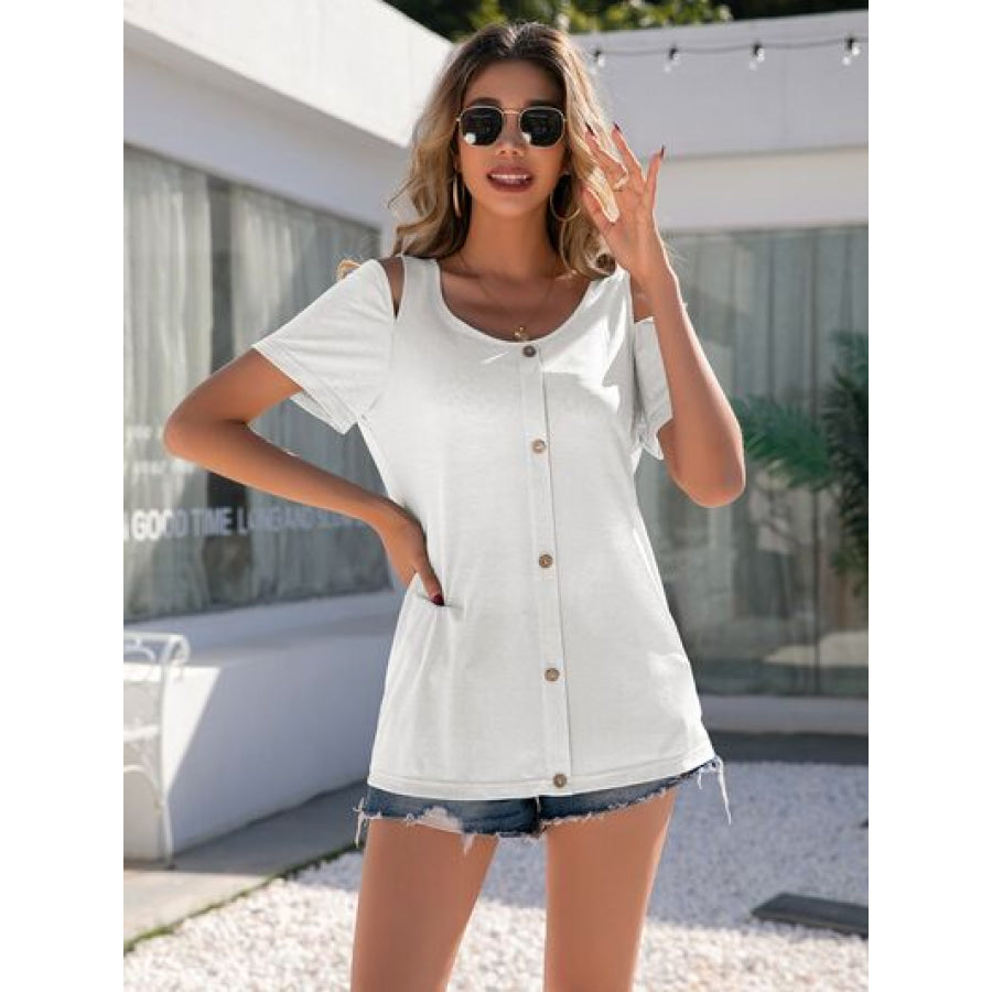 Decorative Button Round Neck Cold Shoulder T - Shirt White / S Apparel and Accessories