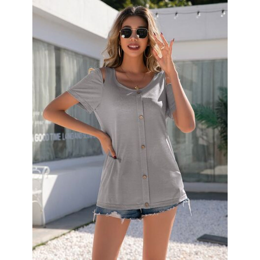Decorative Button Round Neck Cold Shoulder T - Shirt Apparel and Accessories