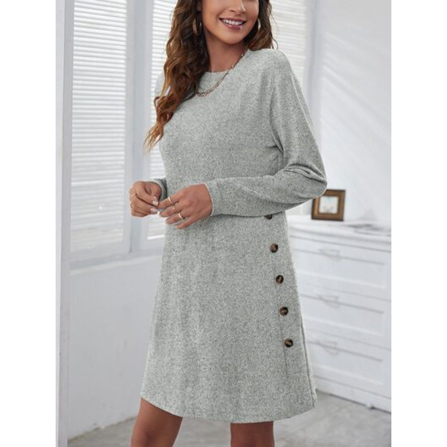 Decorative Button Round Neck Dress Clothing