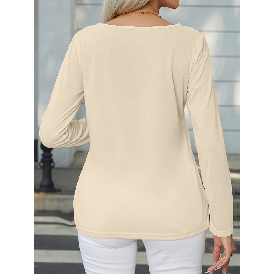 Decorative Button Round Neck Long Sleeve T - Shirt Apparel and Accessories