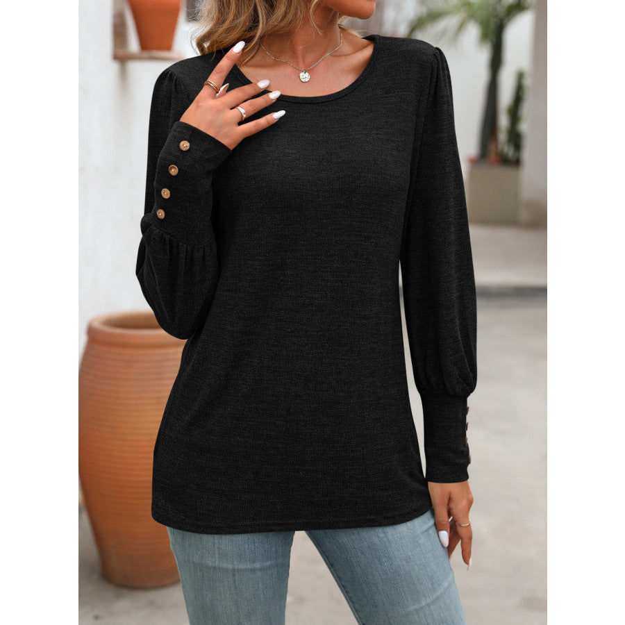 Decorative Button Round Neck Long Sleeve T-Shirt Apparel and Accessories