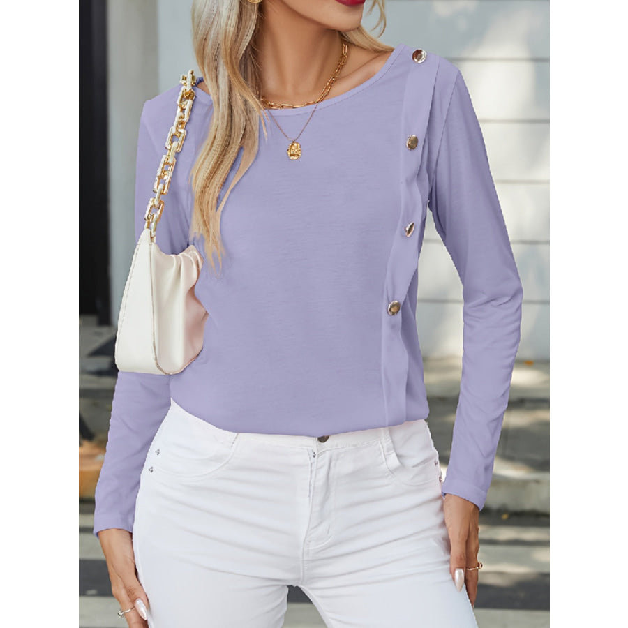 Decorative Button Round Neck Long Sleeve T - Shirt Apparel and Accessories