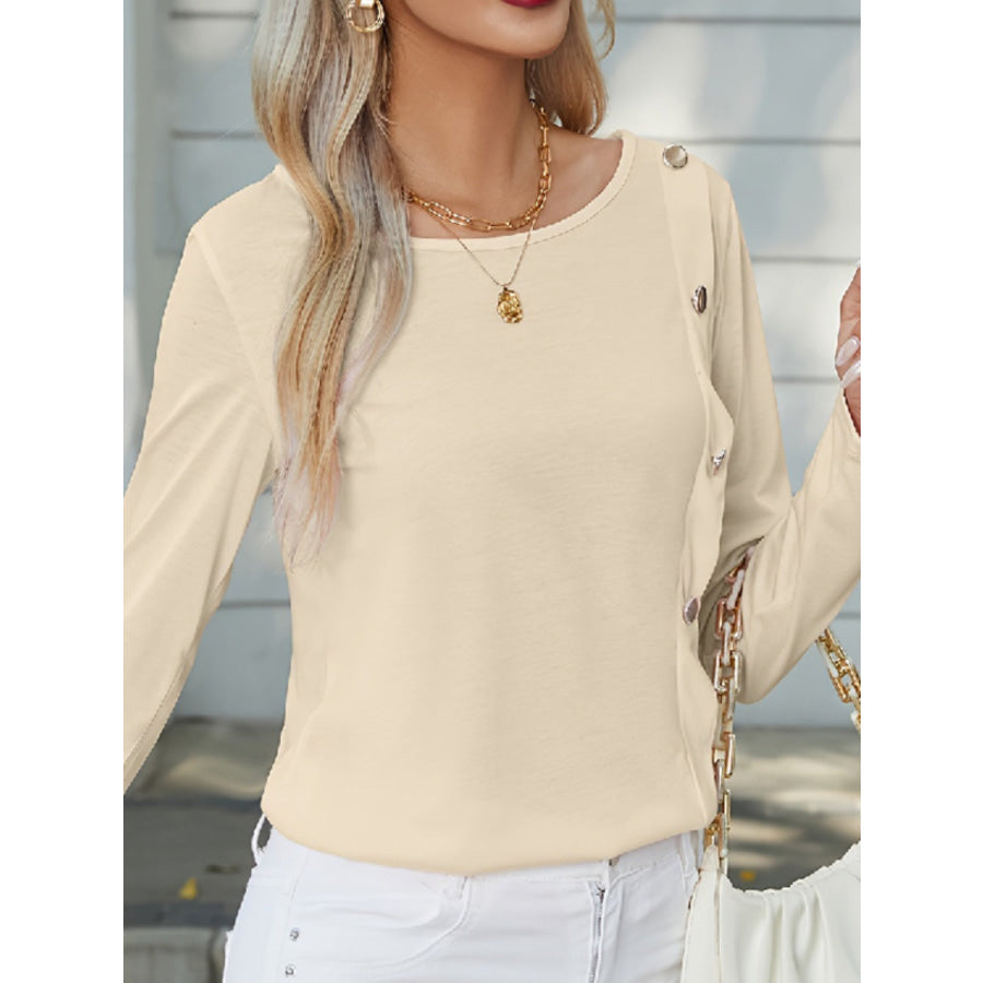 Decorative Button Round Neck Long Sleeve T - Shirt Apparel and Accessories