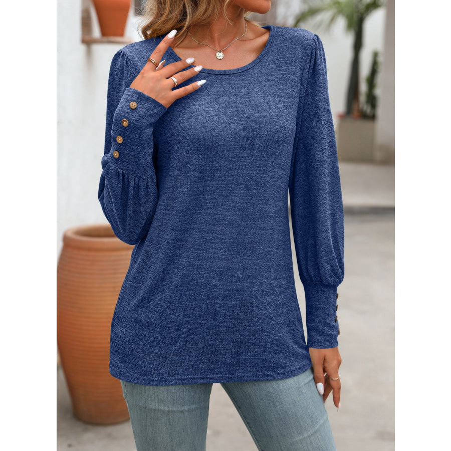 Decorative Button Round Neck Long Sleeve T-Shirt Apparel and Accessories