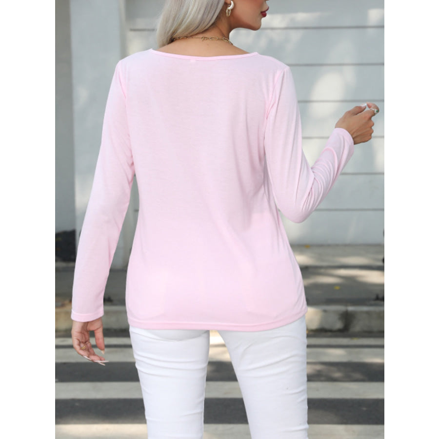 Decorative Button Round Neck Long Sleeve T - Shirt Apparel and Accessories