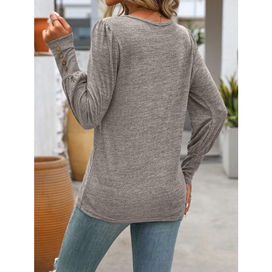 Decorative Button Round Neck Long Sleeve T-Shirt Apparel and Accessories