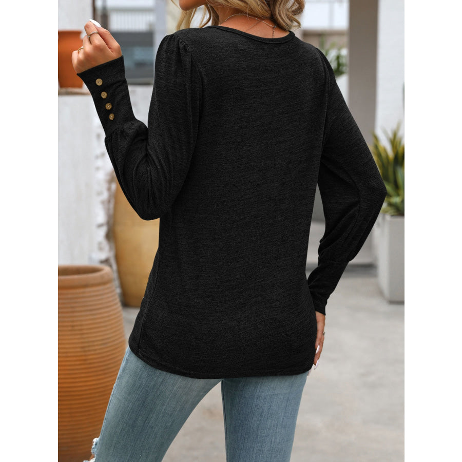 Decorative Button Round Neck Long Sleeve T-Shirt Apparel and Accessories