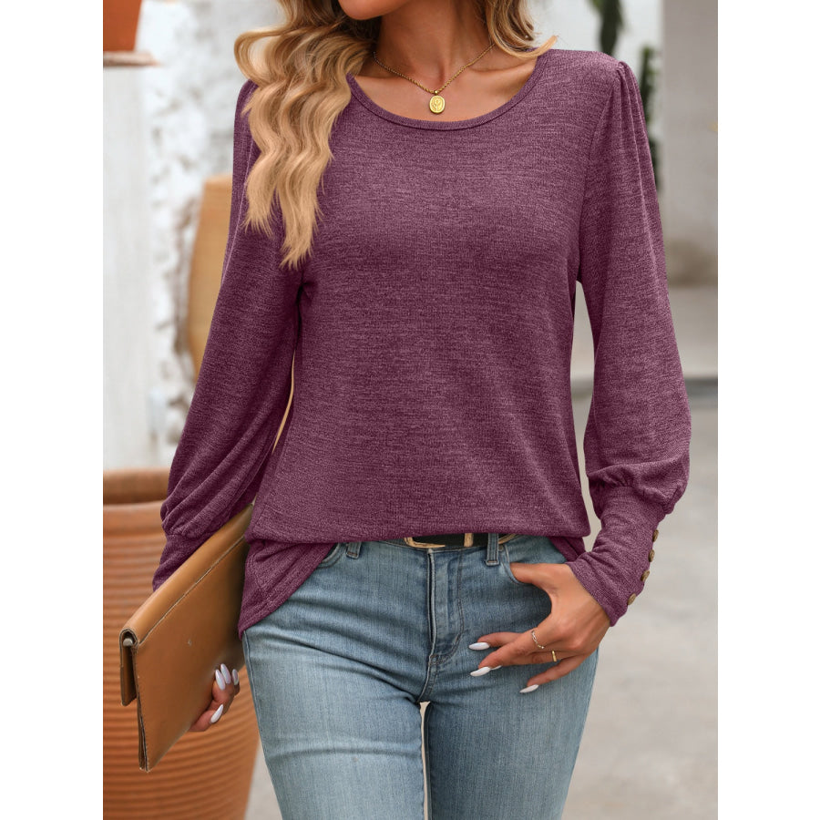 Decorative Button Round Neck Long Sleeve T-Shirt Apparel and Accessories