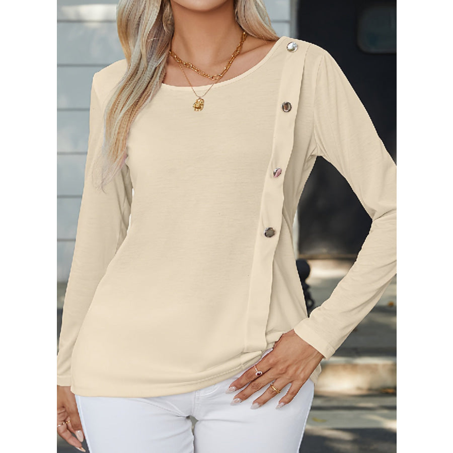 Decorative Button Round Neck Long Sleeve T - Shirt Apparel and Accessories